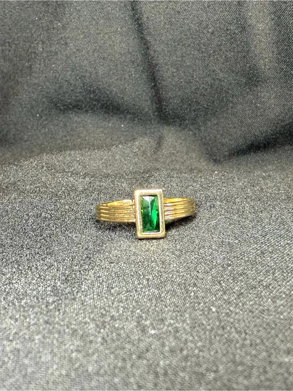 Gold Tone Emerald Green Baguette Ring | Minimalist Bezel Set Statement Ring